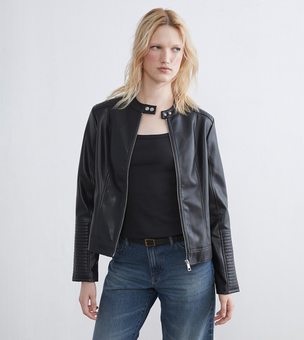 Biker Collar Faux Leather Jacket