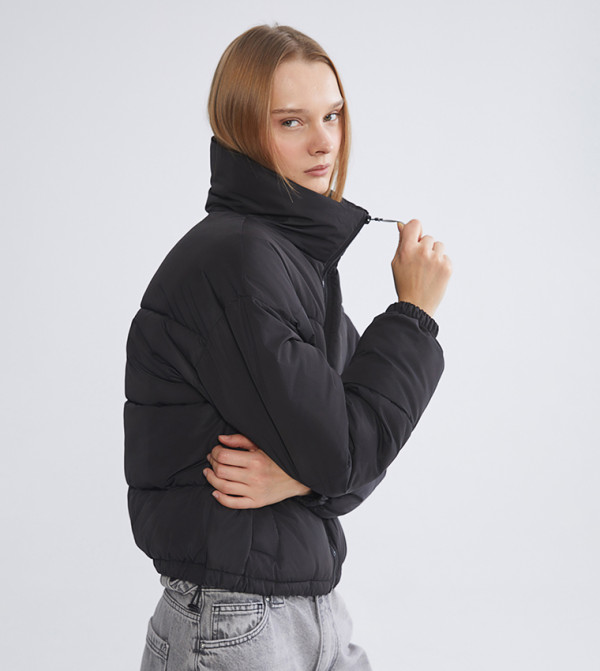 Zippered High Neck Long Sleeves Puffer Coat