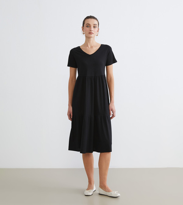 Solid V-Neck A-Line Midi Dress