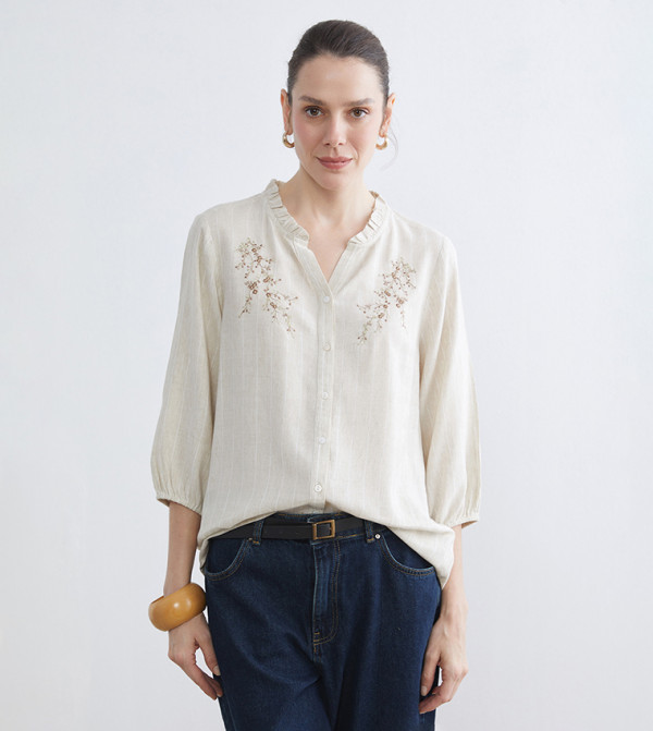 Embroidered Stand-Up Collar Shirt