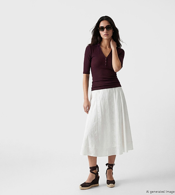 Waist Zippered Embroidered Broderie Midi Skirt