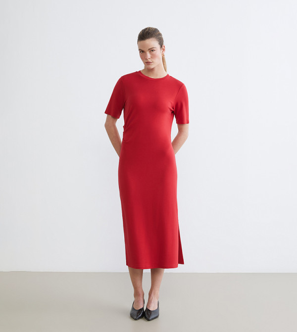 Crew Neck Gathered Slit Detail Midi Dress