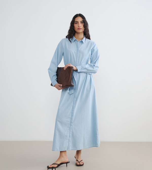 Belted Tie Waist Collared Long Sleeves Shirt Dress
