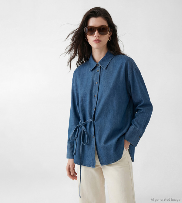 Tie-Waist Long Sleeves Oversized Denim Shirt