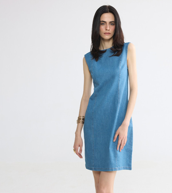 Washed Crew Neck Denim Mini Dress