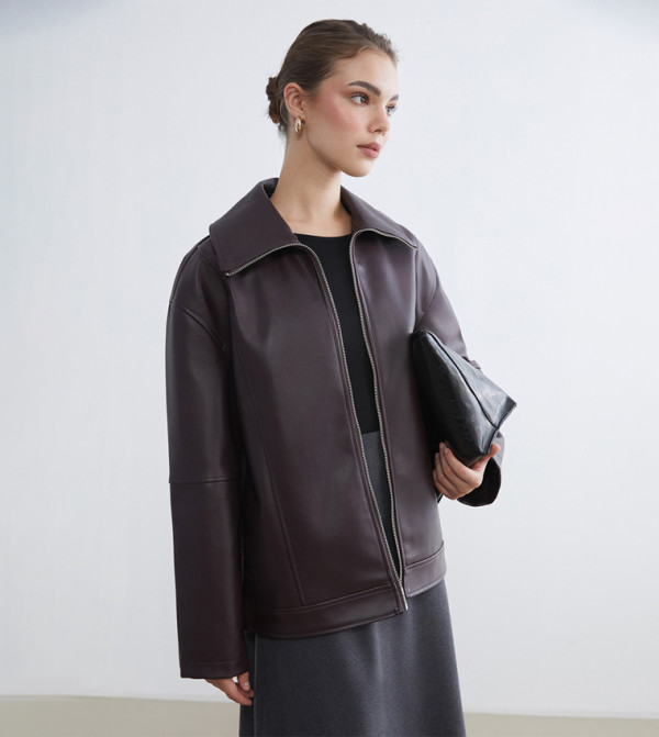 Collared Neck Oversized Faux Leather Jacket