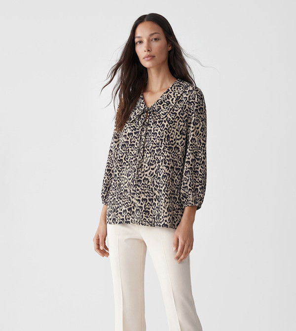 Leopard Print Tie-Up Neck 3/4 Sleeves Top