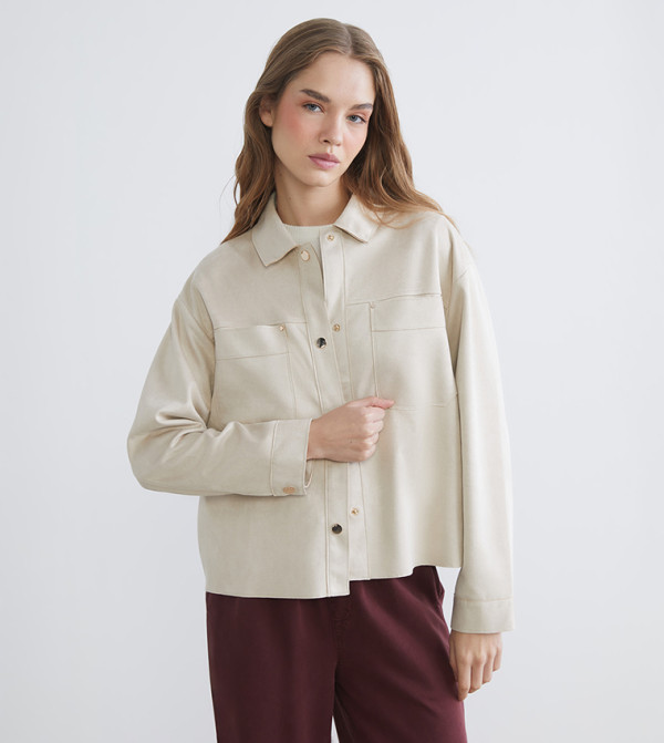 Solid Button Closure Suede Look Oversized Shirt