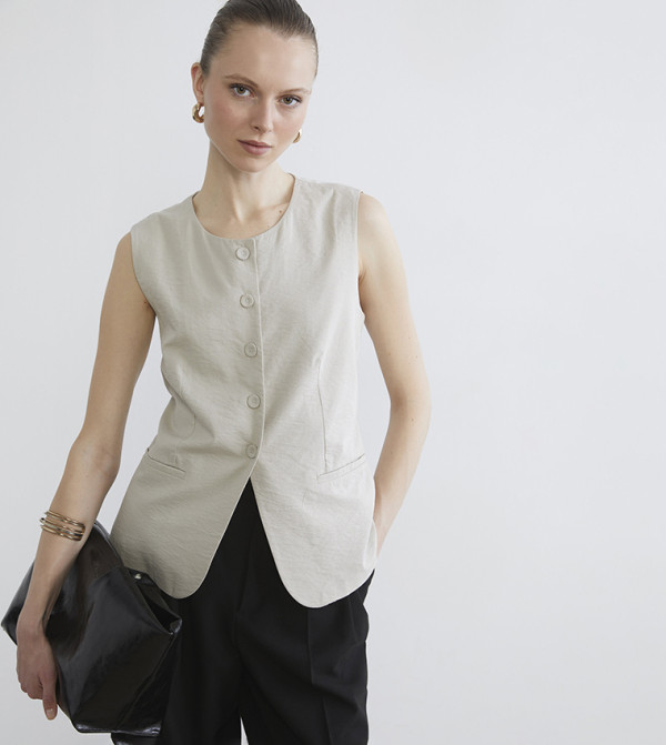 Solid Crew Neck Linen-Look Waistcoat