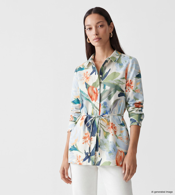 Floral Print Drawstring Waist Long Sleeves Shirt