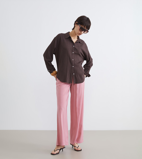 Solid Elastic Waist Wide Leg Pants