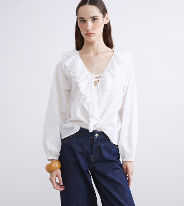 Textured Ruffle Detail V-Neck Top