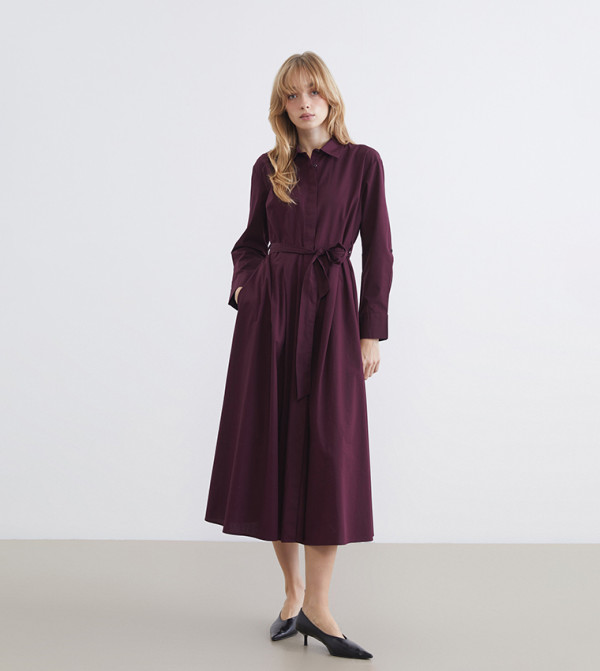 Belted Long Sleeves Poplin Shirt Dress