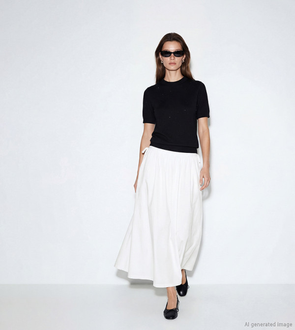 Solid Side Tie-Up Woven Midi Skirt
