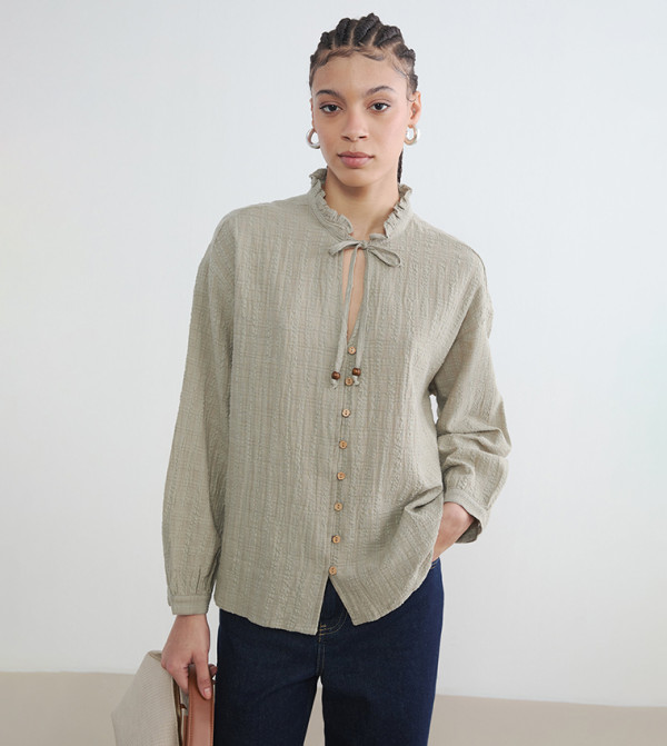 Self Patterned Tie-Up Neck Shirt