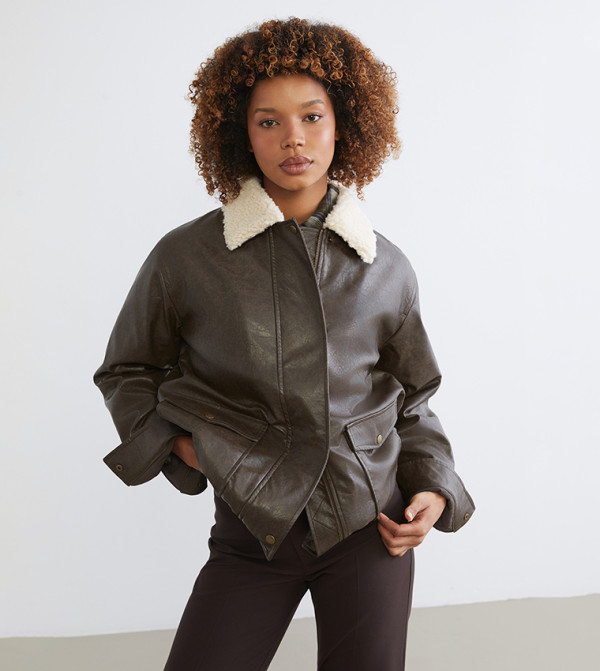 Faux Leather Coat with Plush Shirt Collar