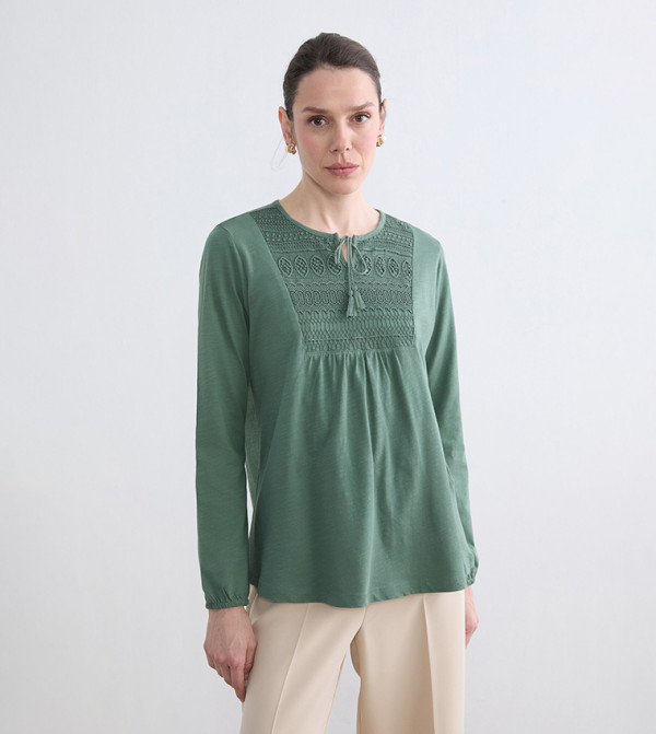Embroidered Tie-Up Neck Long Sleeves Top