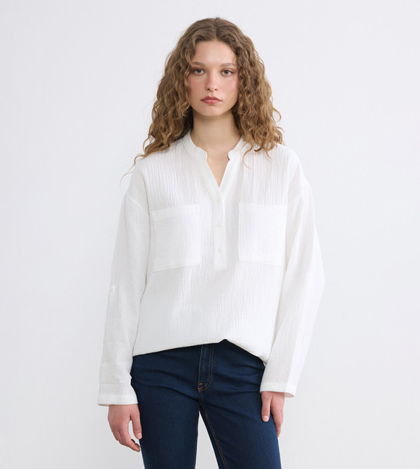 Patch Pocket Mandarin Collar Long Sleeves Tunic