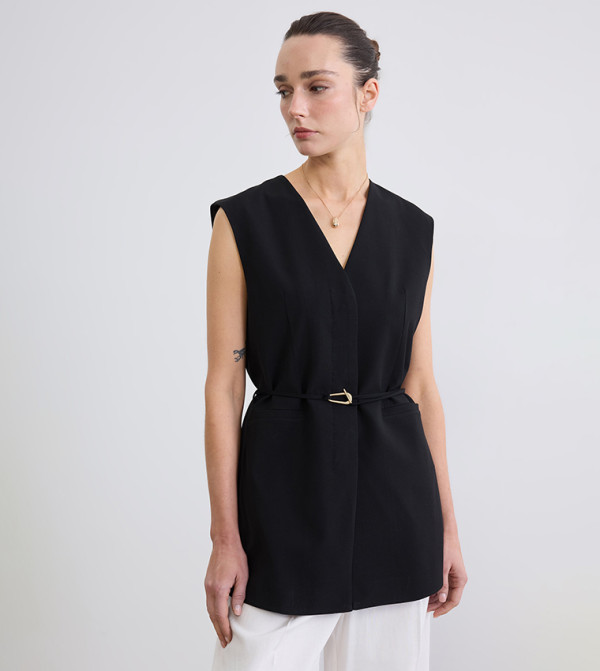 Solid V-Neck Belted Waistcoat