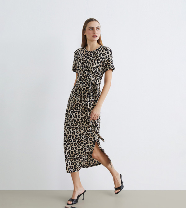 Leopard Print Tie Waist Short Sleeves Midi Dress