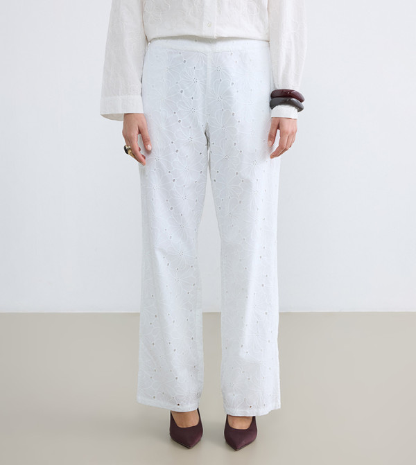 Floral Broderie Anglaise Elastic Waist Wide Leg Pants