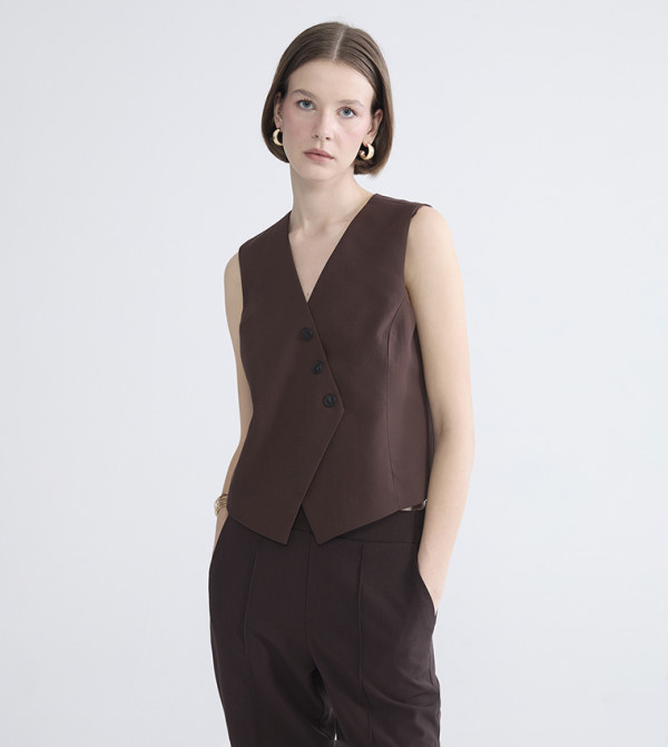 Solid V-Neck Double Breasted Vest
