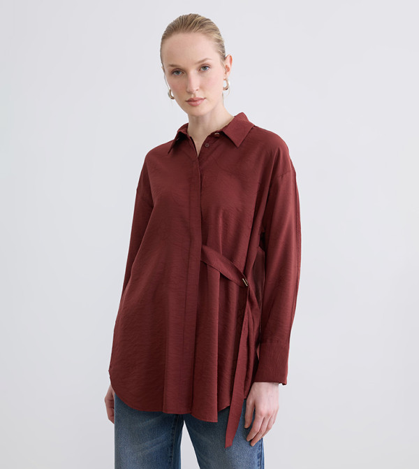 Jacquard Belt Detail Long Sleeves Oversized Shirt