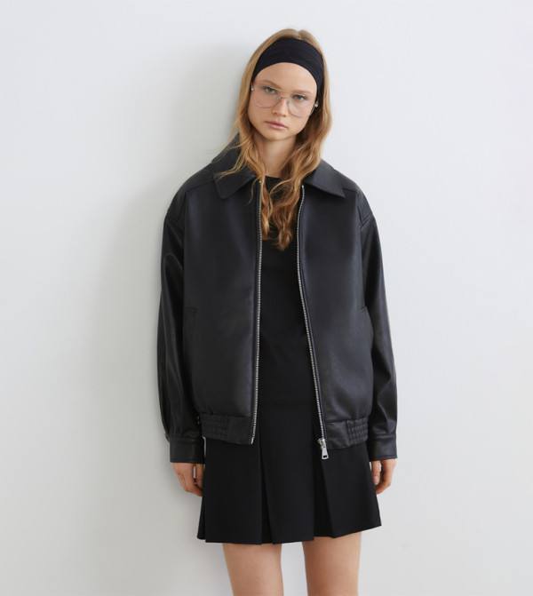 Collared Oversized Faux Leather Jacket