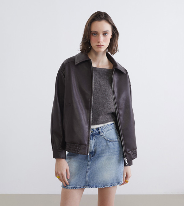 Solid Long Sleeves Faux Leather Oversized Jacket