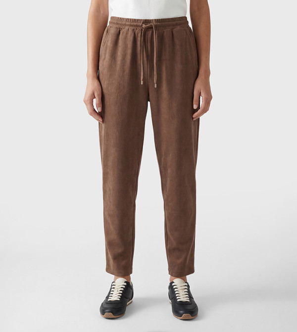 Suede Look Drawstring Waist Tapered Fit Pants