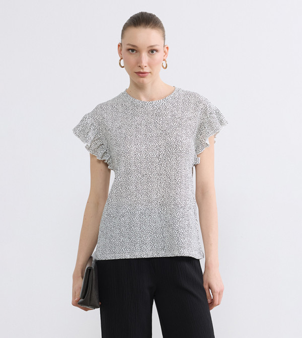Gingham Flutter Sleeves Crew Neck Casual Top