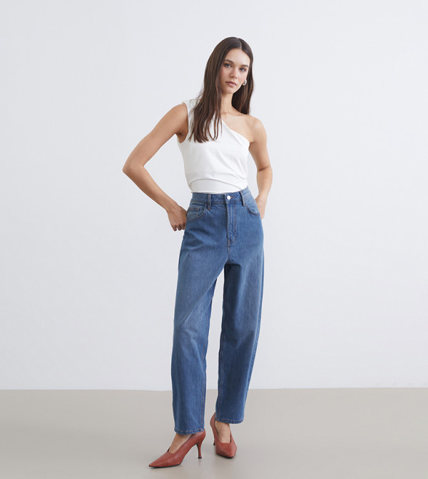 Washed High Rise Barrel Fit Jeans