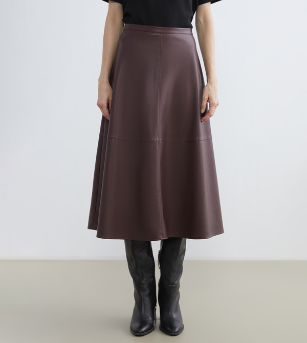 Waist Zippered Leather Look Midi Skirt