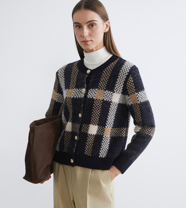 Plaid Crew Neck Knitted Cardigan