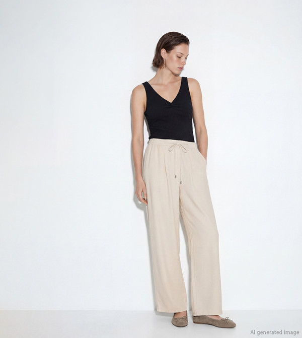 Solid Drawstring Waist Wide Leg Trousers
