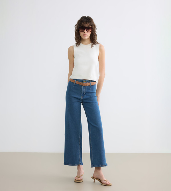 Faded High Waist Belted Wide Leg Jeans