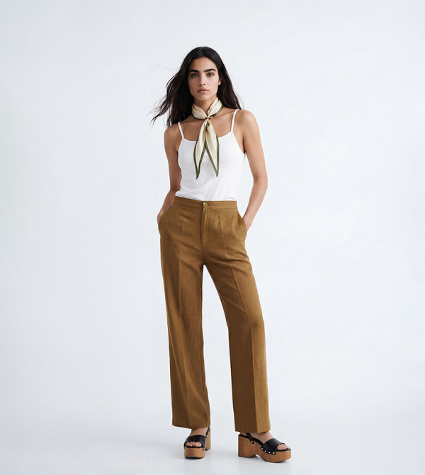Solid High Rise Woven Trousers