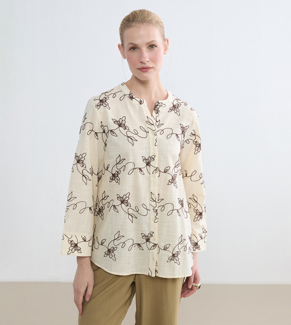 Embroidered Long Sleeves Linen-Look Tunic