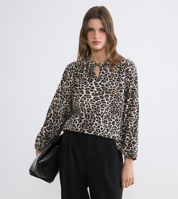 Leopard Print Tie-Up Neck Long Sleeves Top