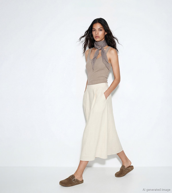 Solid Elastic Waist Woven Skirt
