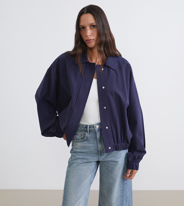 Striped Shirt Collar Oversized Jacket
