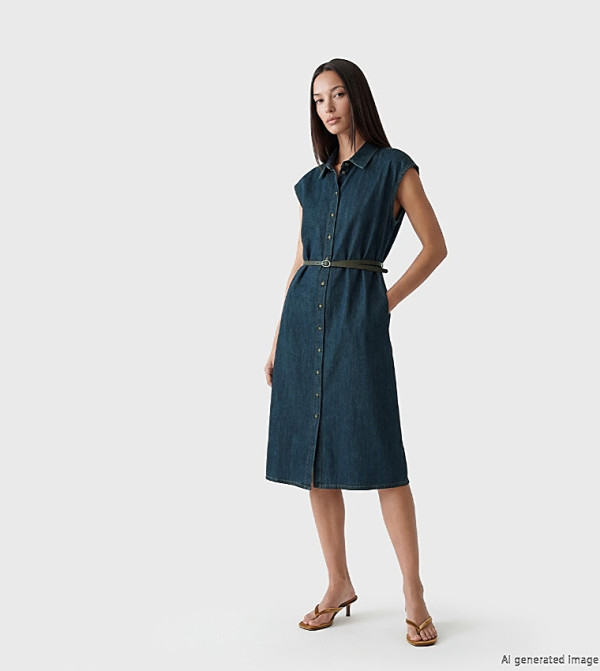 Collared Belted Midi Denim Dress