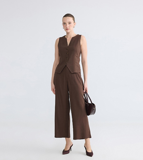 Elastic Waist Linen Blend Trousers