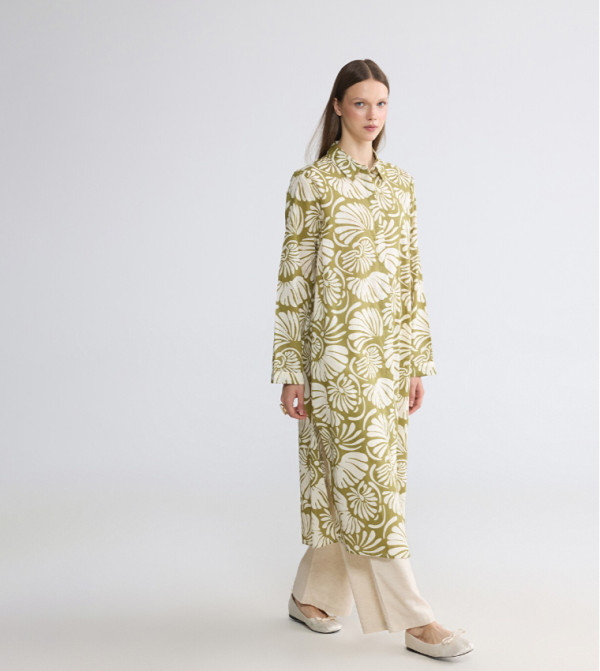 Floral Printed Collared Long Sleeves Tunic
