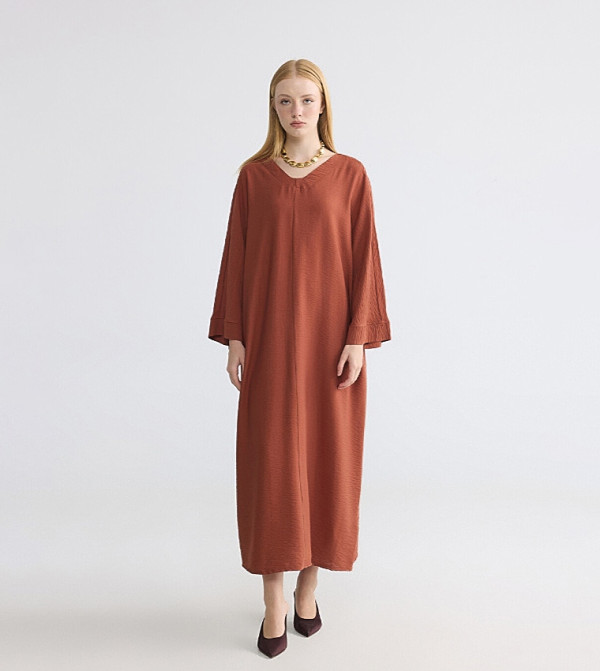 Solid V-Neck A-Line Midi Dress