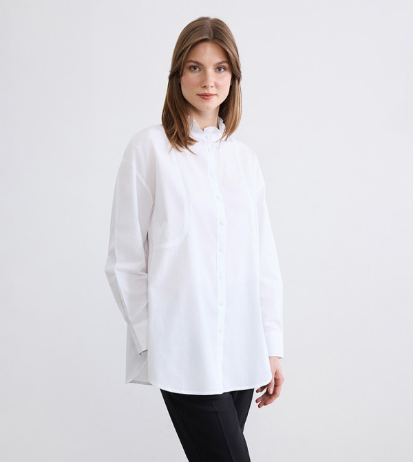 Solid High Neck Poplin Oversized Shirt Tunic