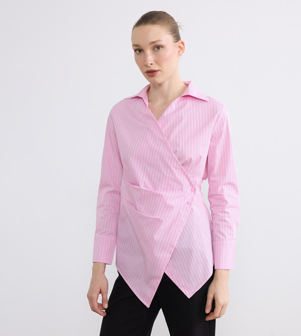 Striped Ruched Long Sleeves Wrap Shirt