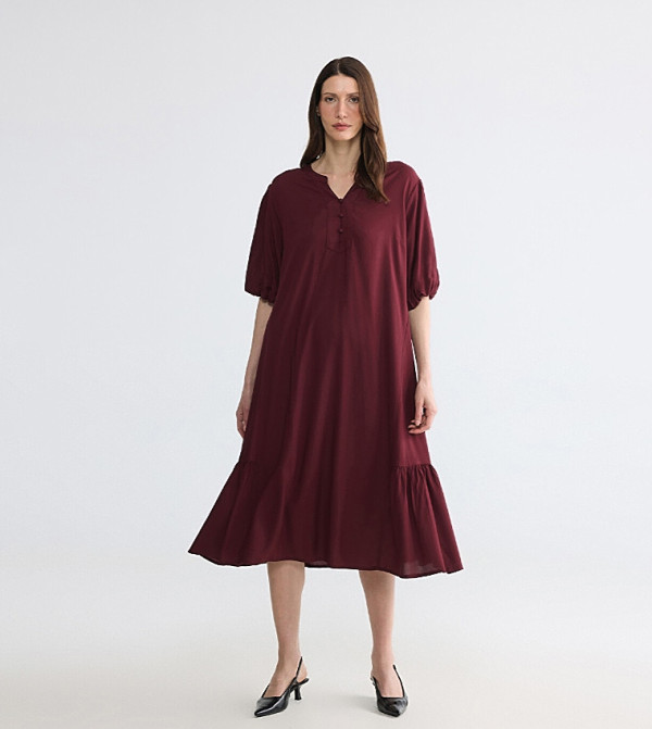 Notch Neck Poplin Flared Midi Dress