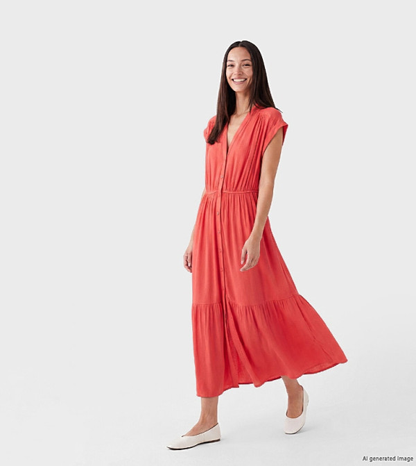 V-Neck A Cut Crinkle Midi Dress