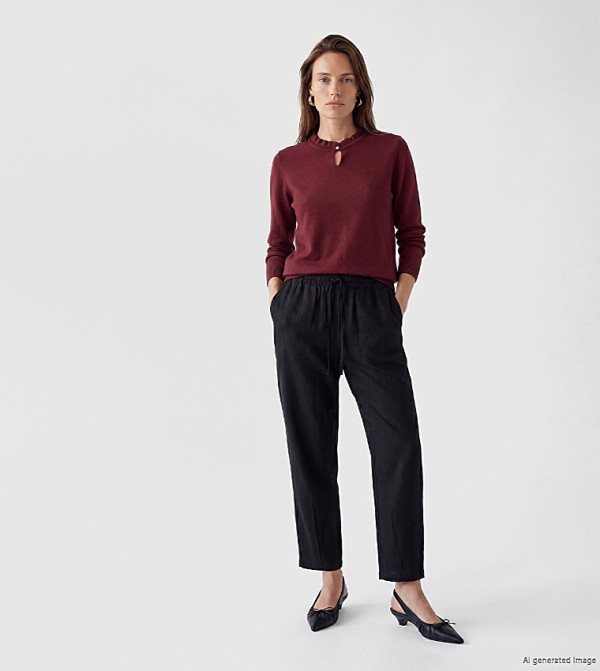 Elastic Waist Linen Blend Trousers